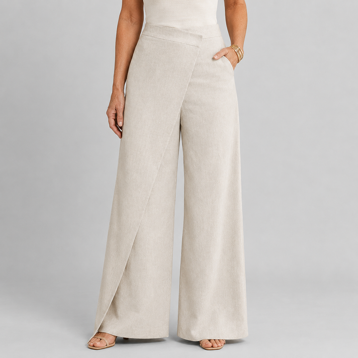 Women's High Waist Wide Leg Trousers with Asymmetric Wrap Front Detail