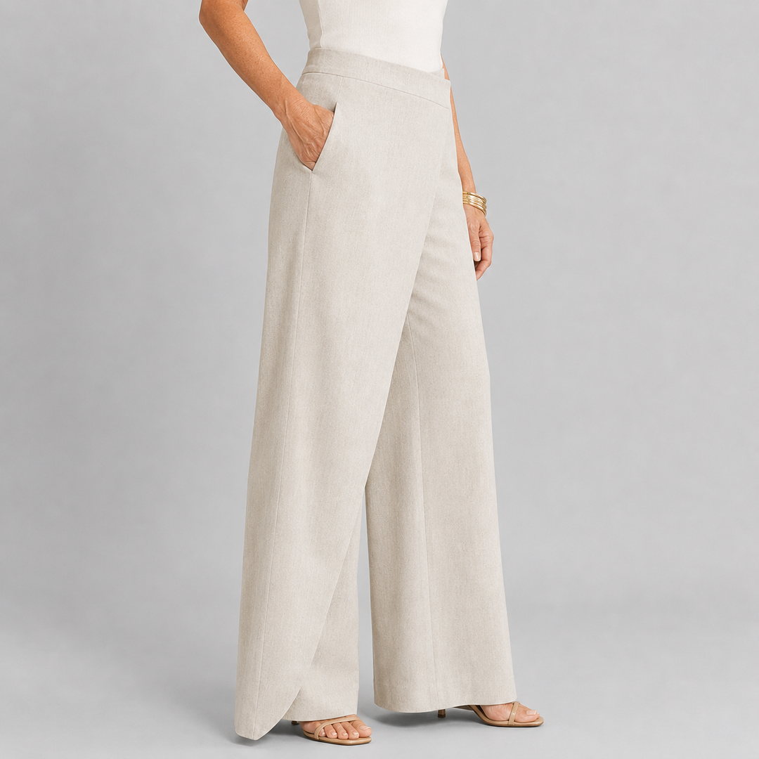 Women's High Waist Wide Leg Trousers with Asymmetric Wrap Front Detail