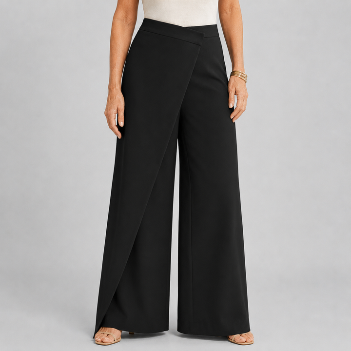 Women's High Waist Wide Leg Trousers with Asymmetric Wrap Front Detail