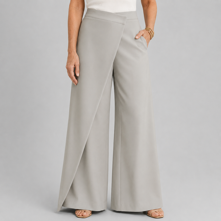 Women's High Waist Wide Leg Trousers with Asymmetric Wrap Front Detail
