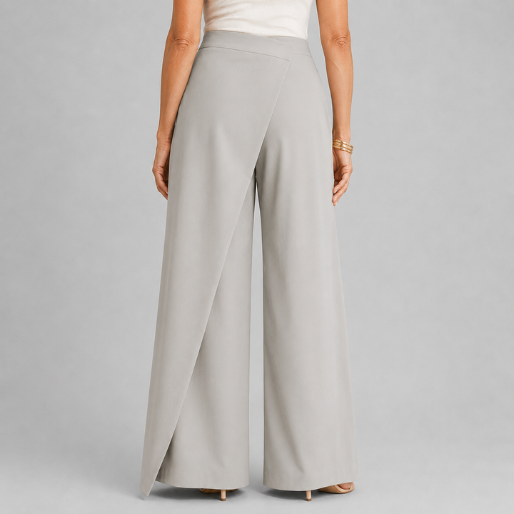 Women's High Waist Wide Leg Trousers with Asymmetric Wrap Front Detail