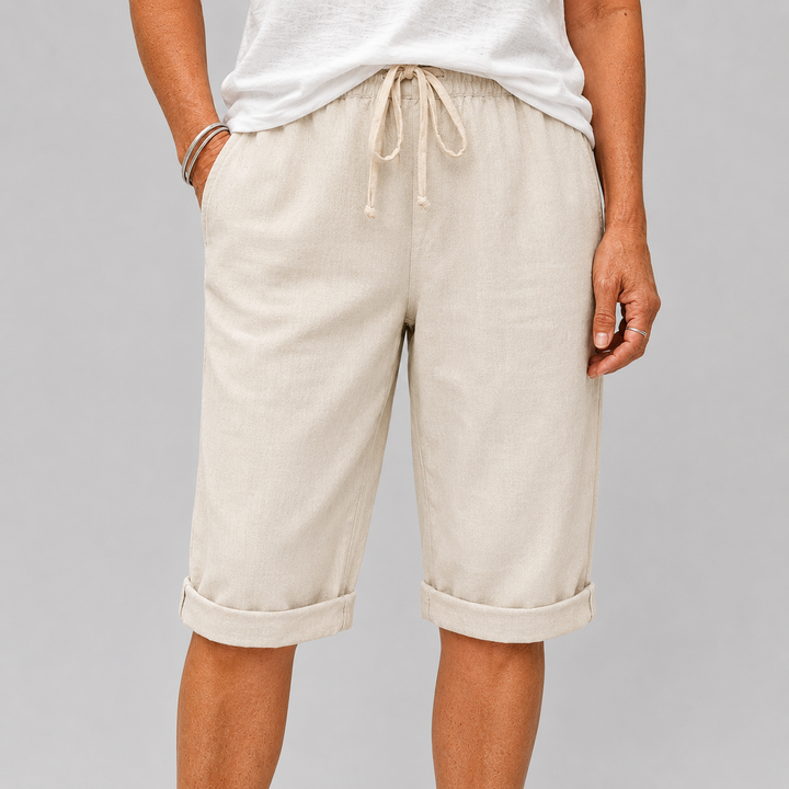 Women's Casual Cropped Pants with Elasticated Drawstring Waist and Roll-Up Hem