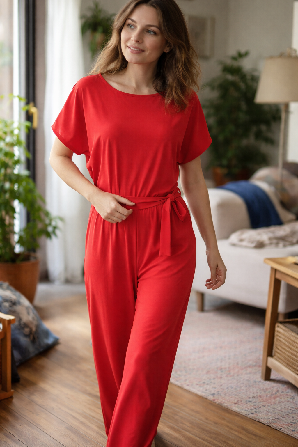 Women's Short Sleeve Jumpsuit Round Neck Tie Waist