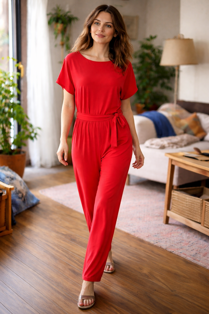 Women's Short Sleeve Jumpsuit Round Neck Tie Waist