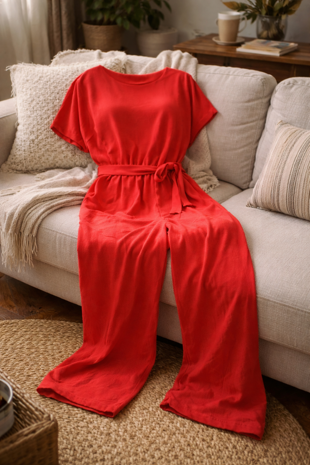 Women's Short Sleeve Jumpsuit Round Neck Tie Waist