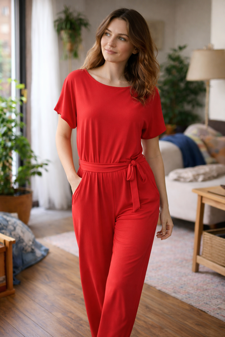 Women's Short Sleeve Jumpsuit Round Neck Tie Waist