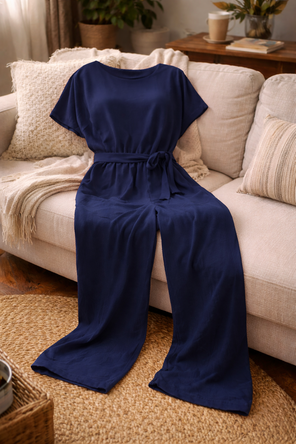 Women's Short Sleeve Jumpsuit Round Neck Tie Waist