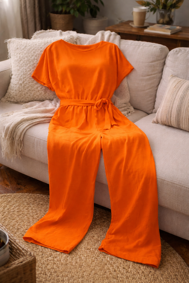 Women's Short Sleeve Jumpsuit Round Neck Tie Waist