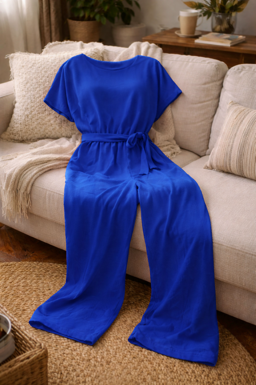 Women's Short Sleeve Jumpsuit Round Neck Tie Waist