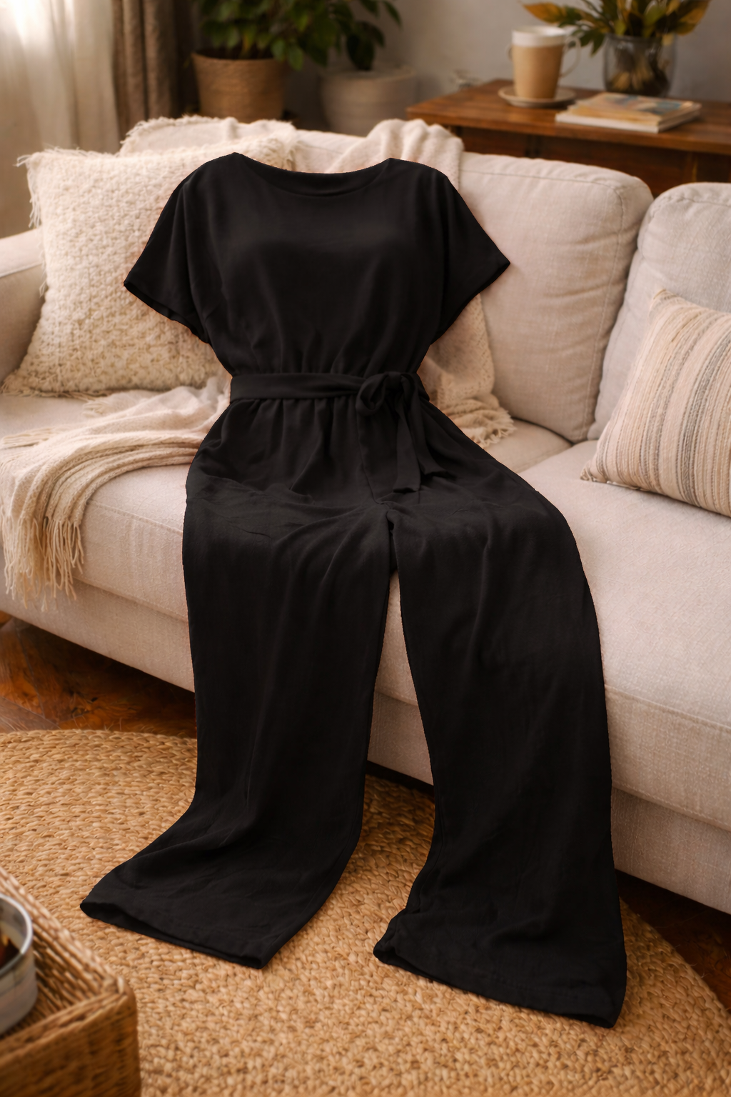 Women's Short Sleeve Jumpsuit Round Neck Tie Waist