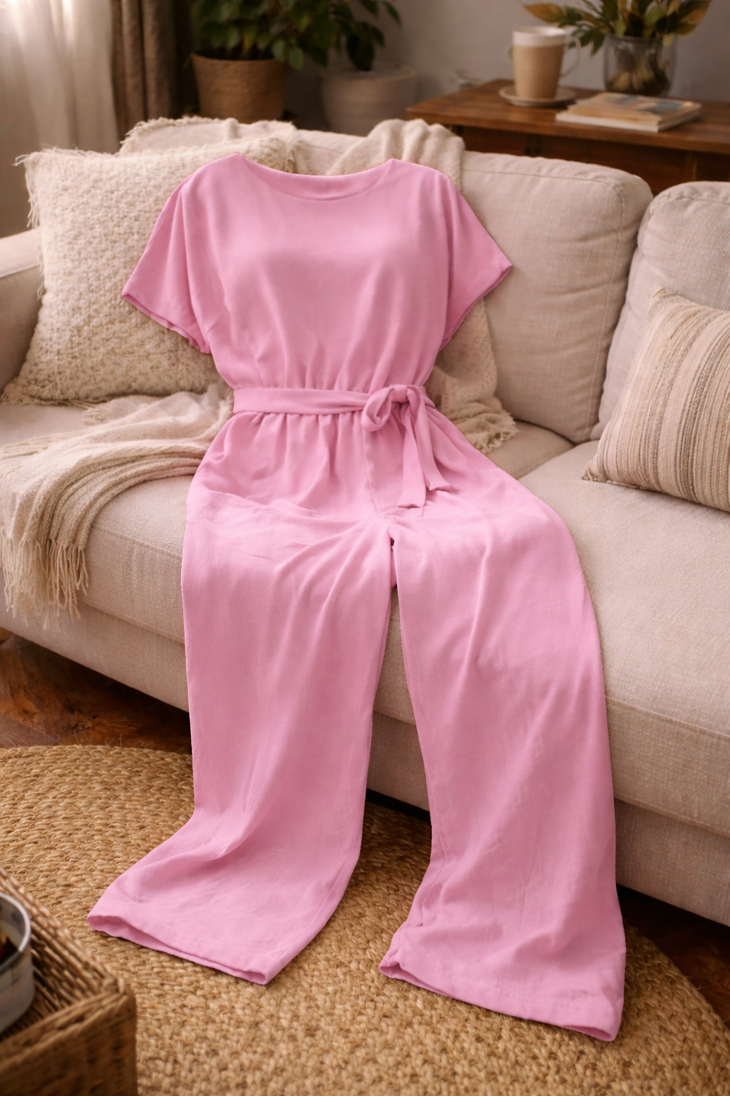 Women's Short Sleeve Jumpsuit Round Neck Tie Waist