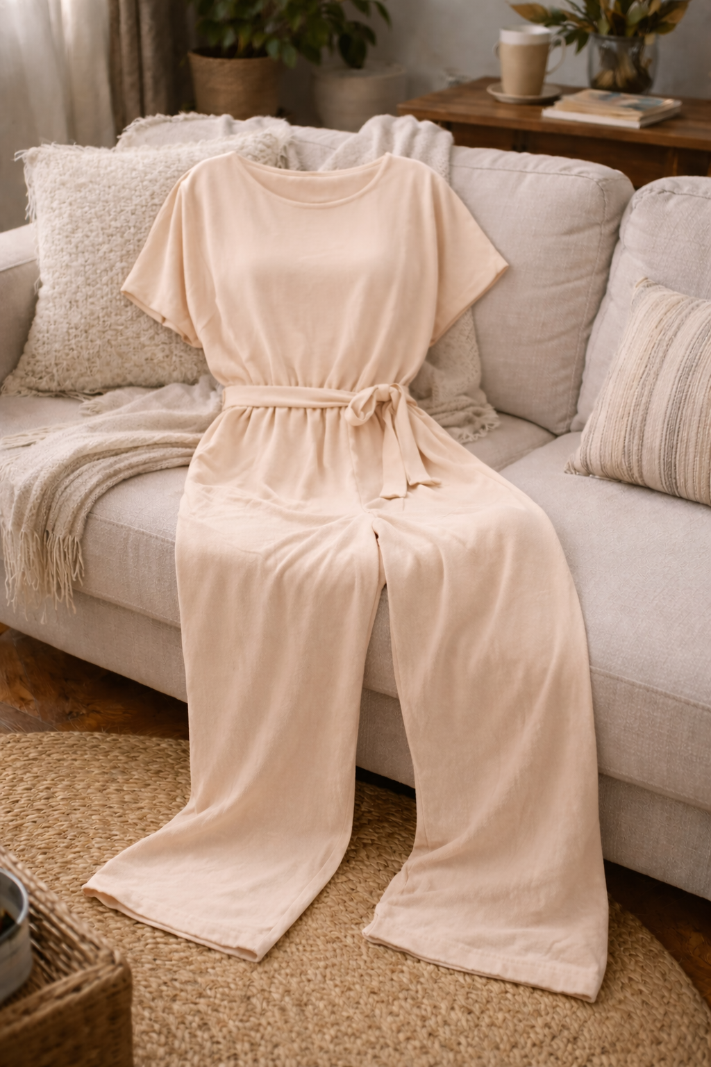 Women's Short Sleeve Jumpsuit Round Neck Tie Waist