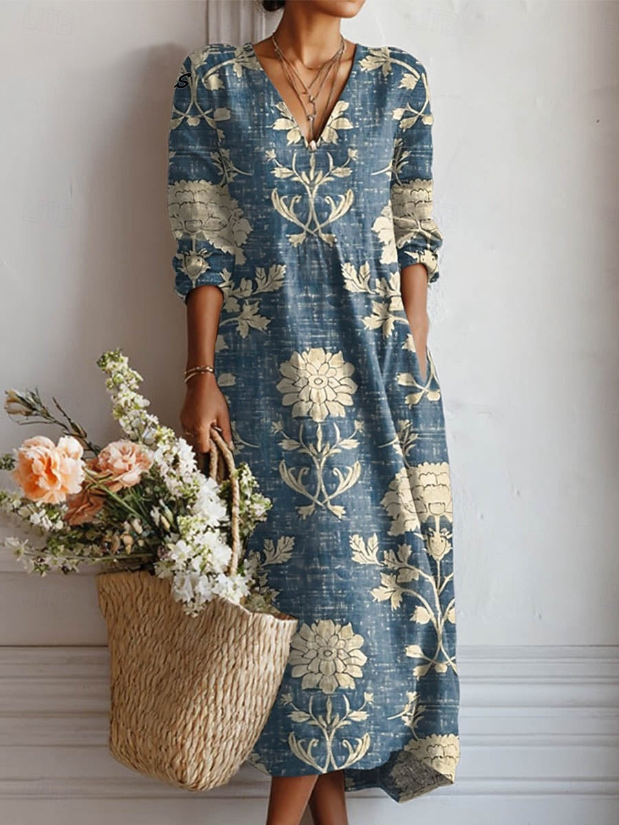 Women's Boho Linen Floral V-Neck Pocket Midi Dress
