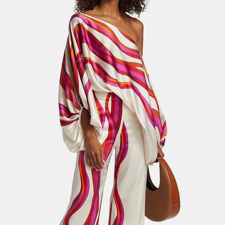 Women's Printed Two-Piece Set with One-Shoulder Top and Wide-Leg Pants
