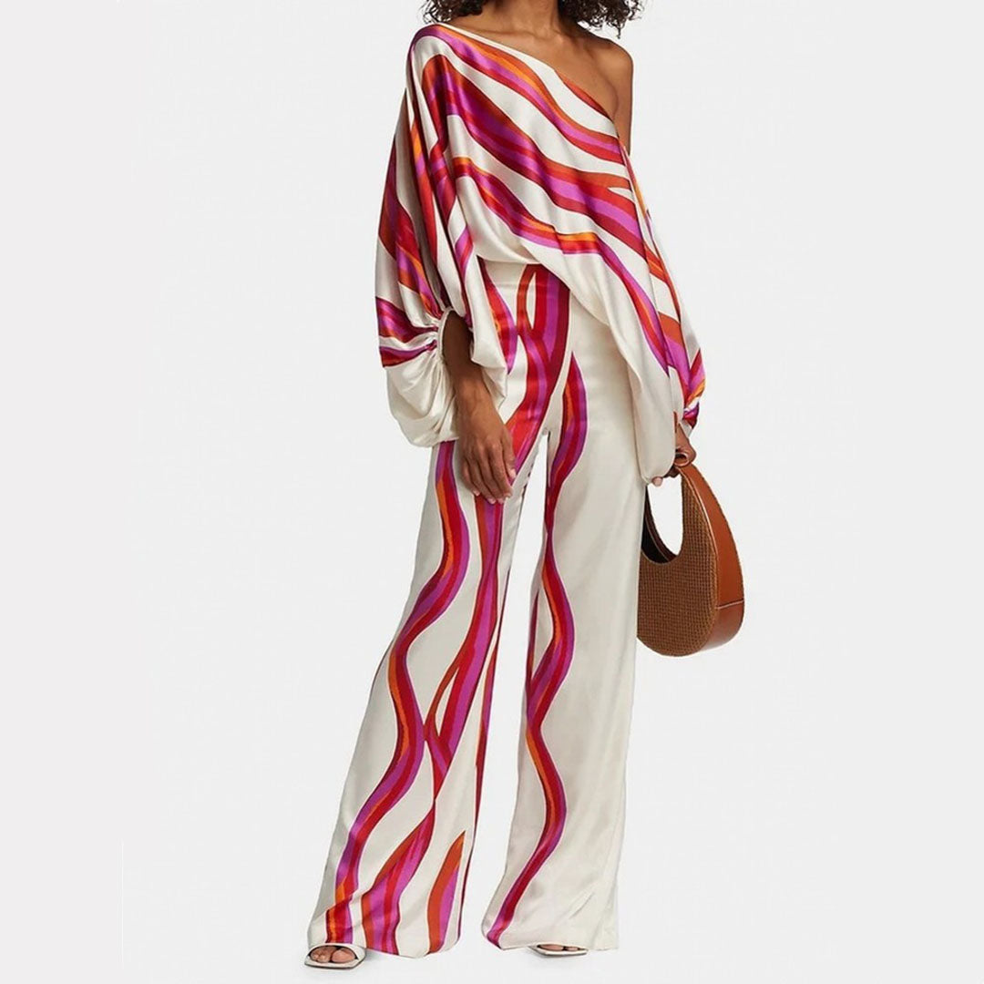 Women's Printed Two-Piece Set with One-Shoulder Top and Wide-Leg Pants
