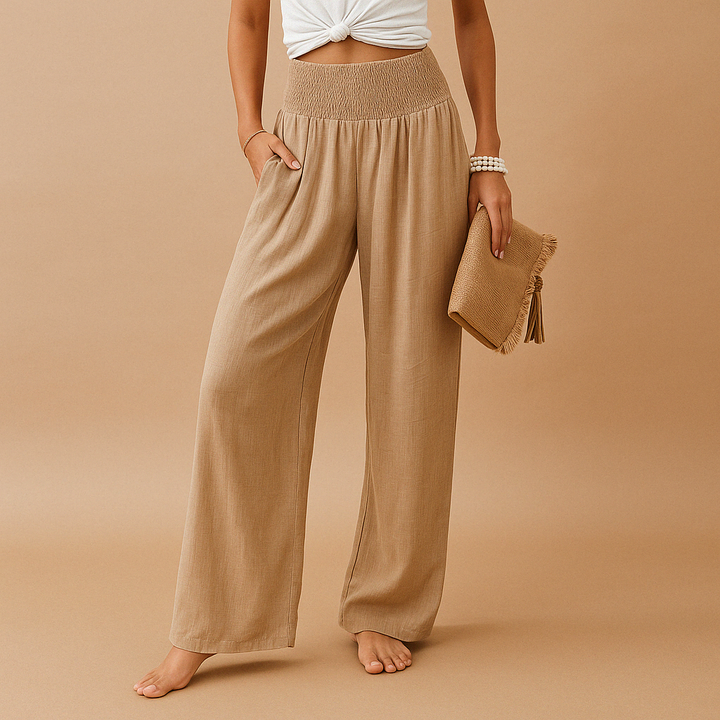 Women's Wide Leg Linen Pants High Waist Smocked Elastic