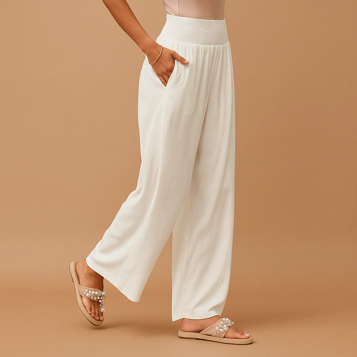 Women's Wide Leg Linen Pants High Waist Smocked Elastic