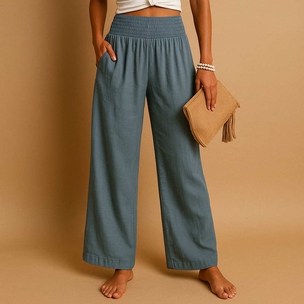 Women's Wide Leg Linen Pants High Waist Smocked Elastic