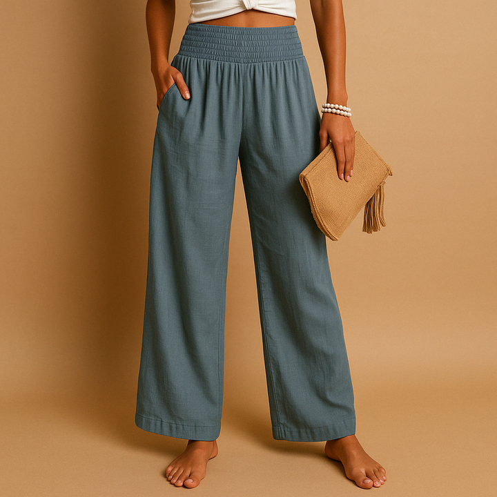 Women's Wide Leg Linen Pants High Waist Smocked Elastic