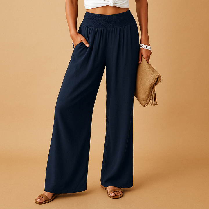 Women's Wide Leg Linen Pants High Waist Smocked Elastic