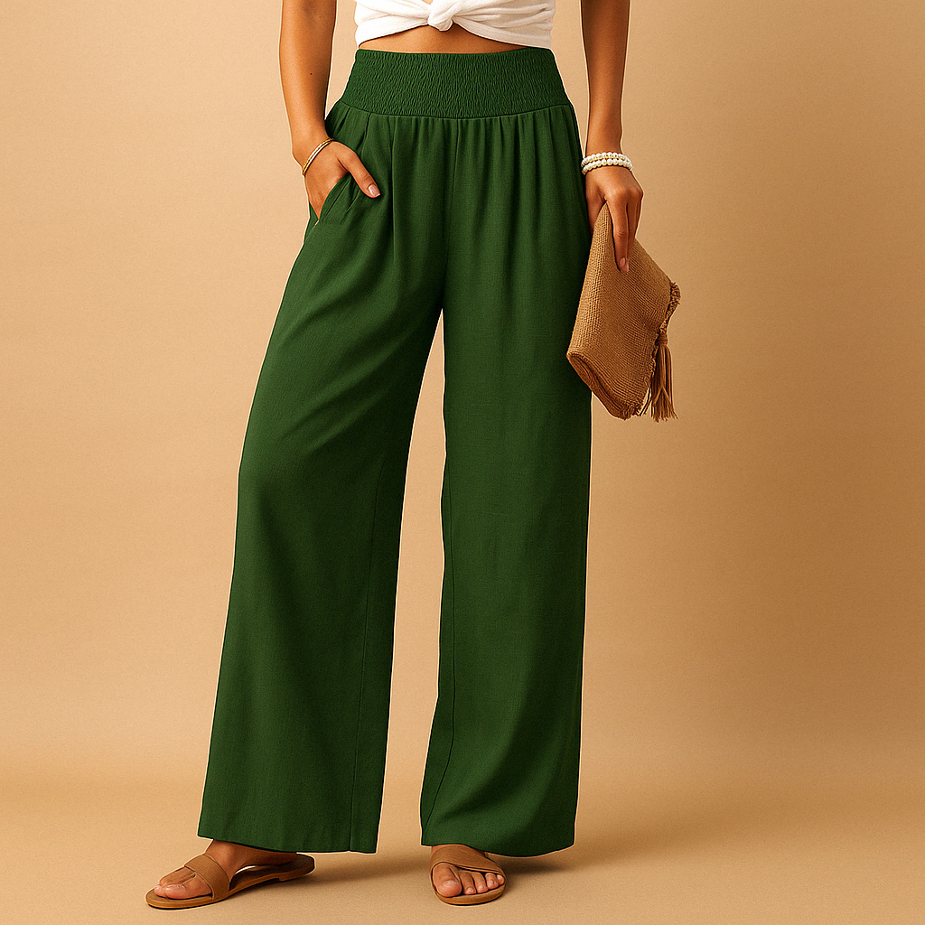 Women's Wide Leg Linen Pants High Waist Smocked Elastic