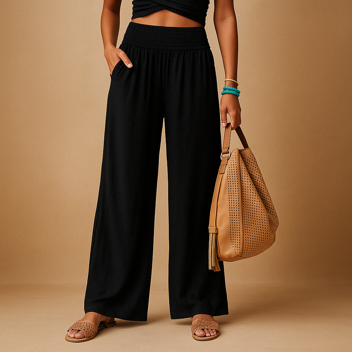 Women's Wide Leg Linen Pants High Waist Smocked Elastic