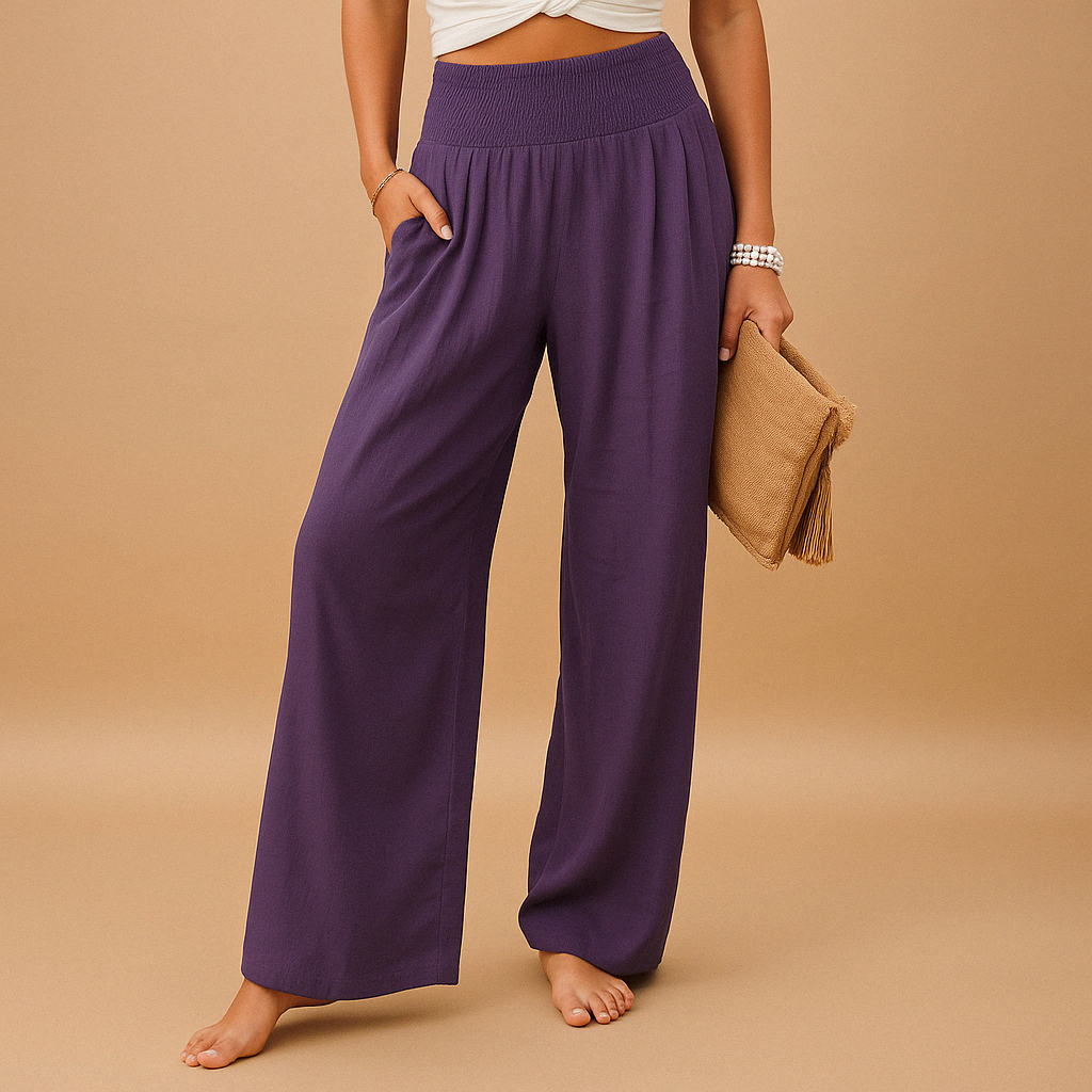 Women's Wide Leg Linen Pants High Waist Smocked Elastic