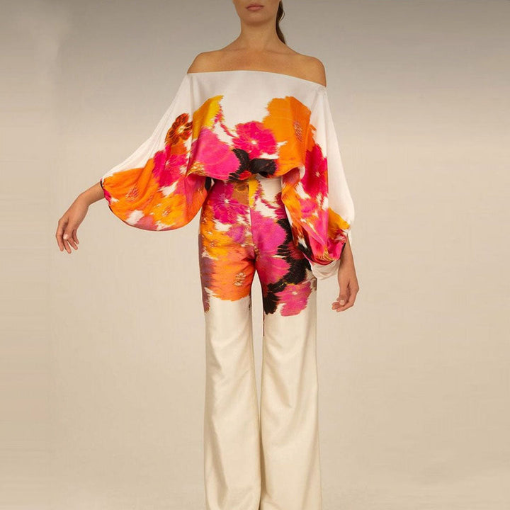 Women's Printed Two-Piece Set with One-Shoulder Top and Wide-Leg Pants