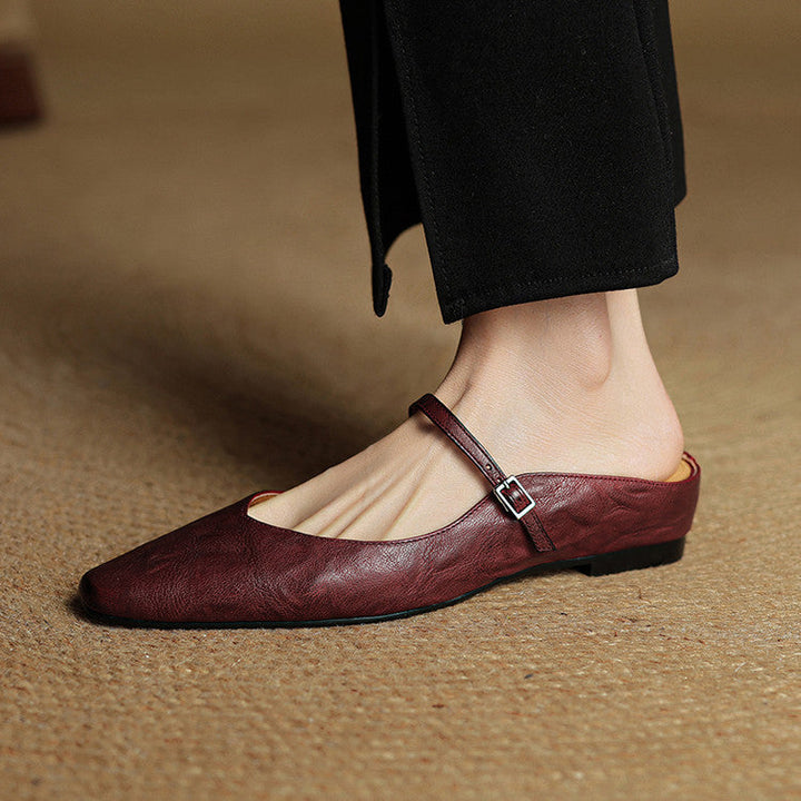 Women's Genuine Leather Pointed Toe Mule Flats Buckle Strap