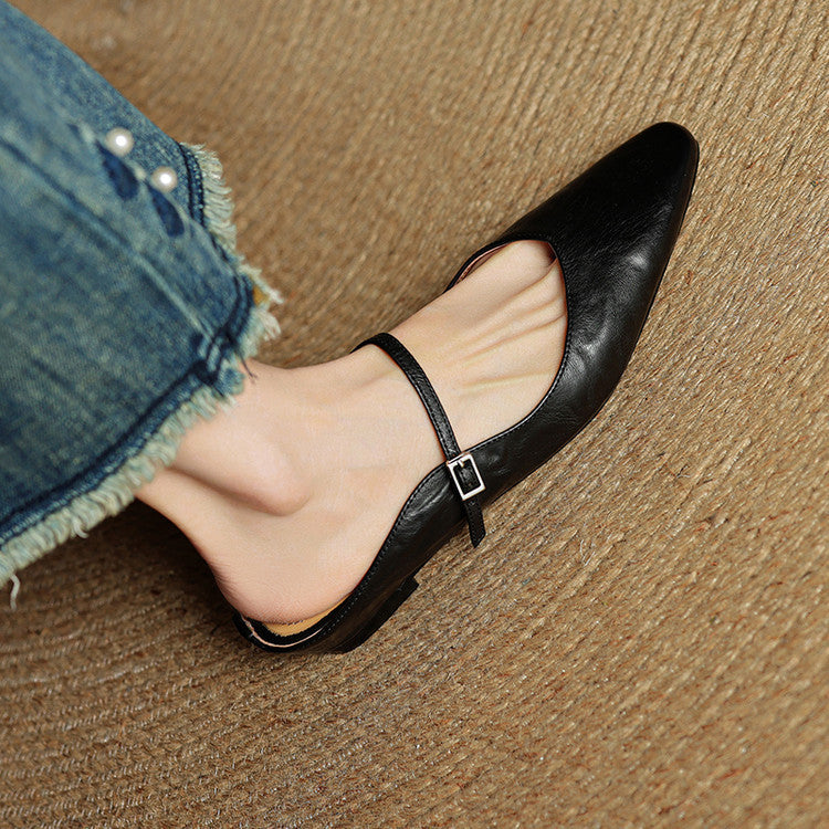 Women's Genuine Leather Pointed Toe Mule Flats Buckle Strap