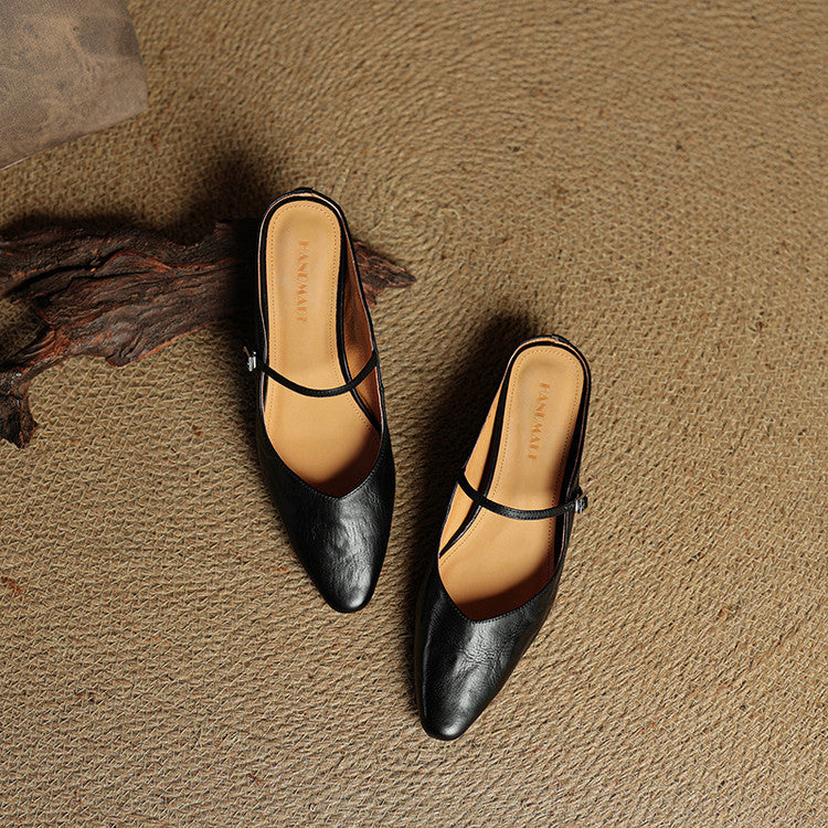 Women's Genuine Leather Pointed Toe Mule Flats Buckle Strap