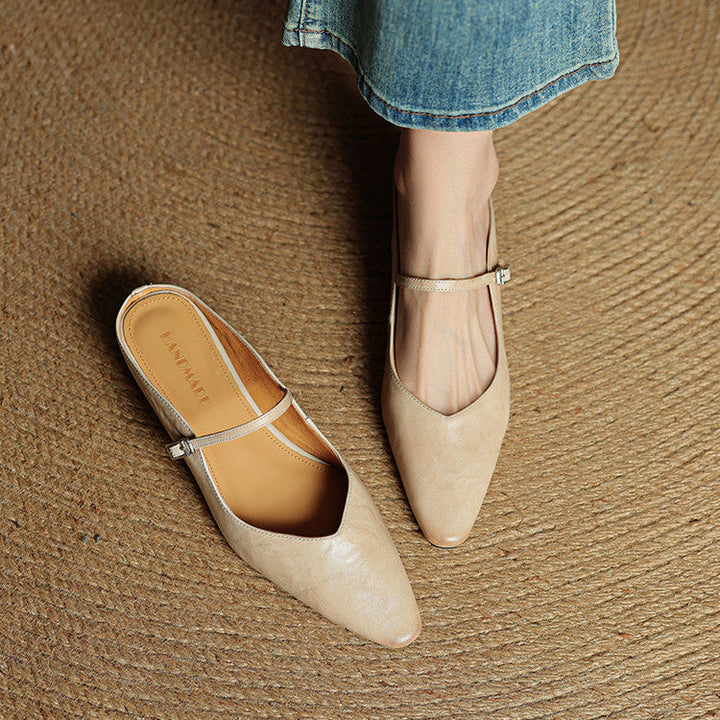 Women's Genuine Leather Pointed Toe Mule Flats Buckle Strap