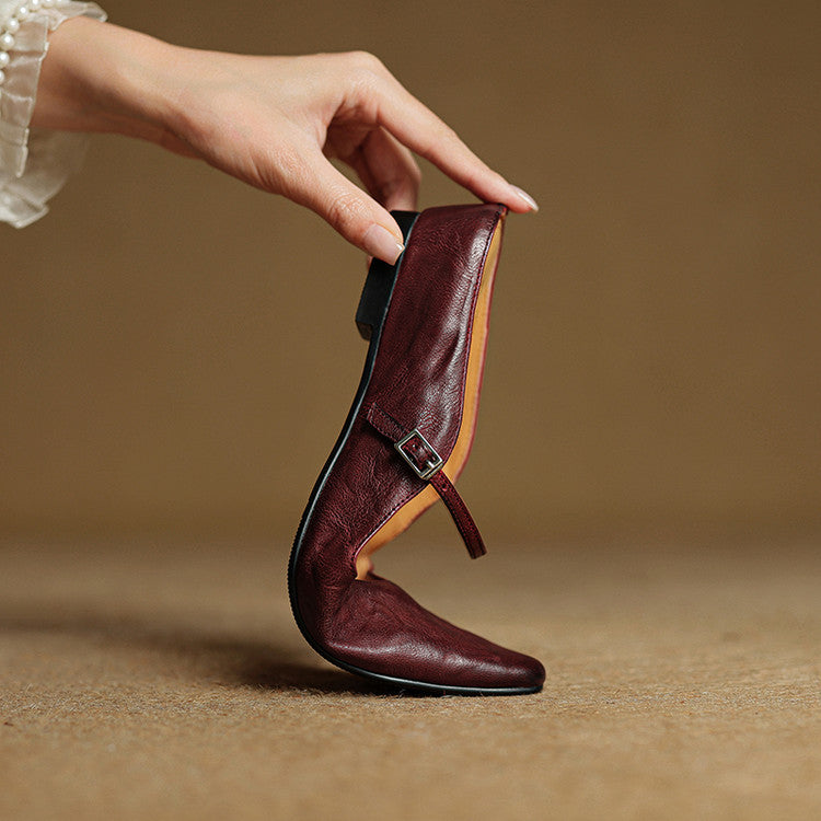 Women's Genuine Leather Pointed Toe Mule Flats Buckle Strap