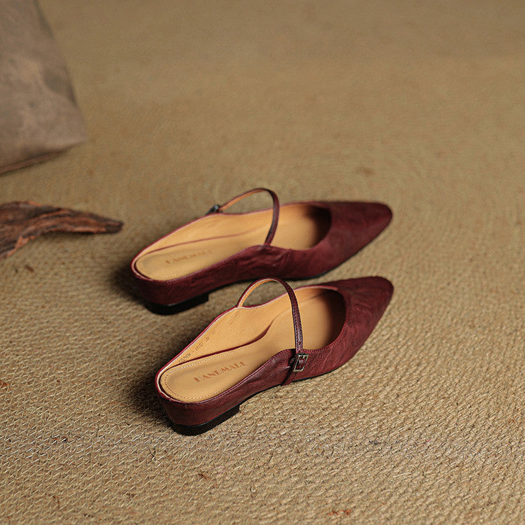 Women's Genuine Leather Pointed Toe Mule Flats Buckle Strap