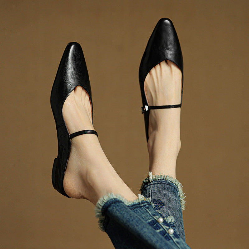 Women's Genuine Leather Pointed Toe Mule Flats Buckle Strap