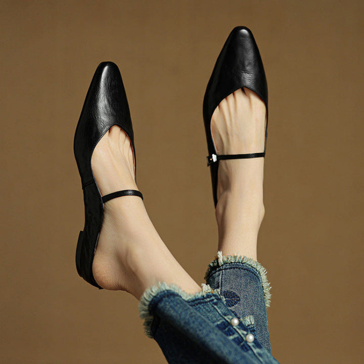 Women's Genuine Leather Pointed Toe Mule Flats Buckle Strap