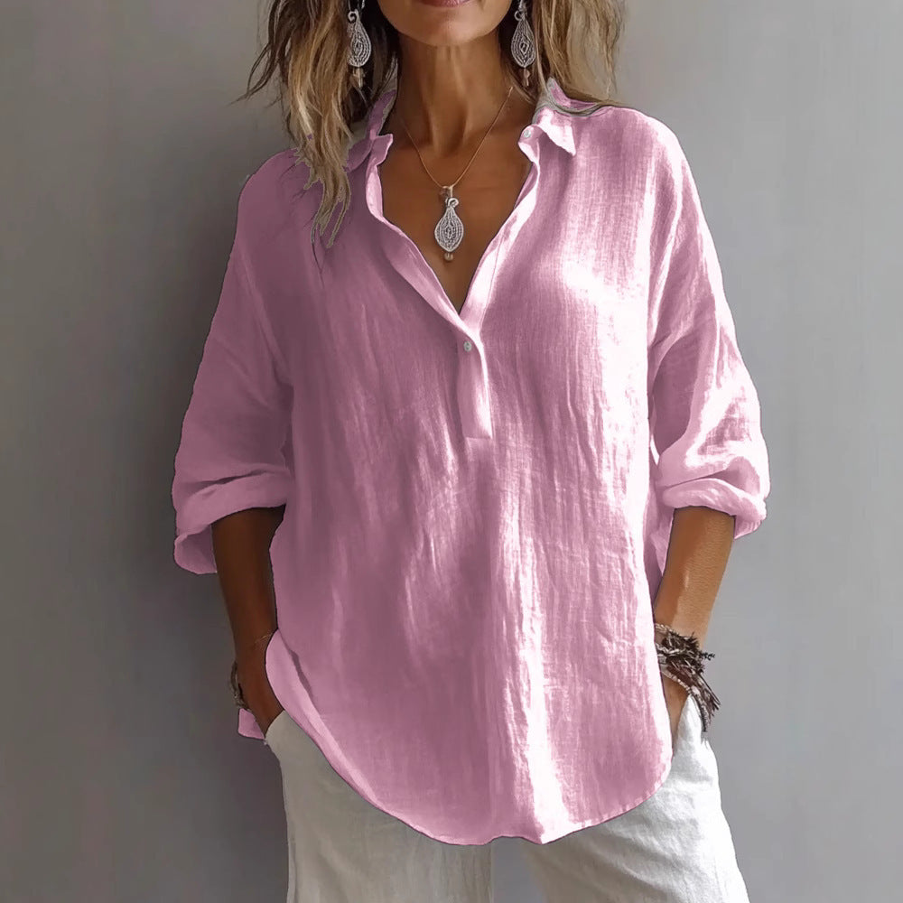 Women’s Casual Linen Shirt with Button Placket and Wide Sleeves