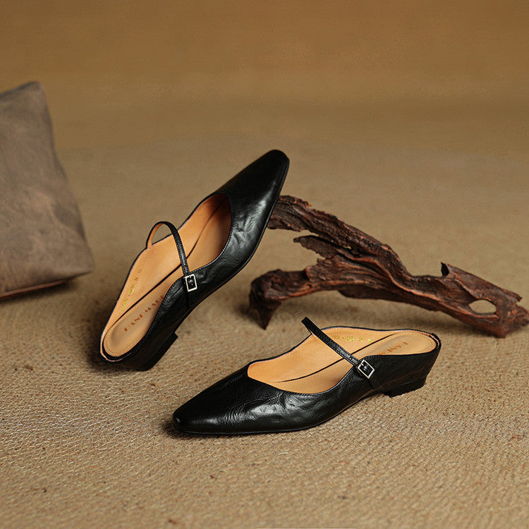 Women's Genuine Leather Pointed Toe Mule Flats Buckle Strap
