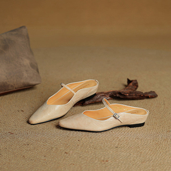 Women's Genuine Leather Pointed Toe Mule Flats Buckle Strap