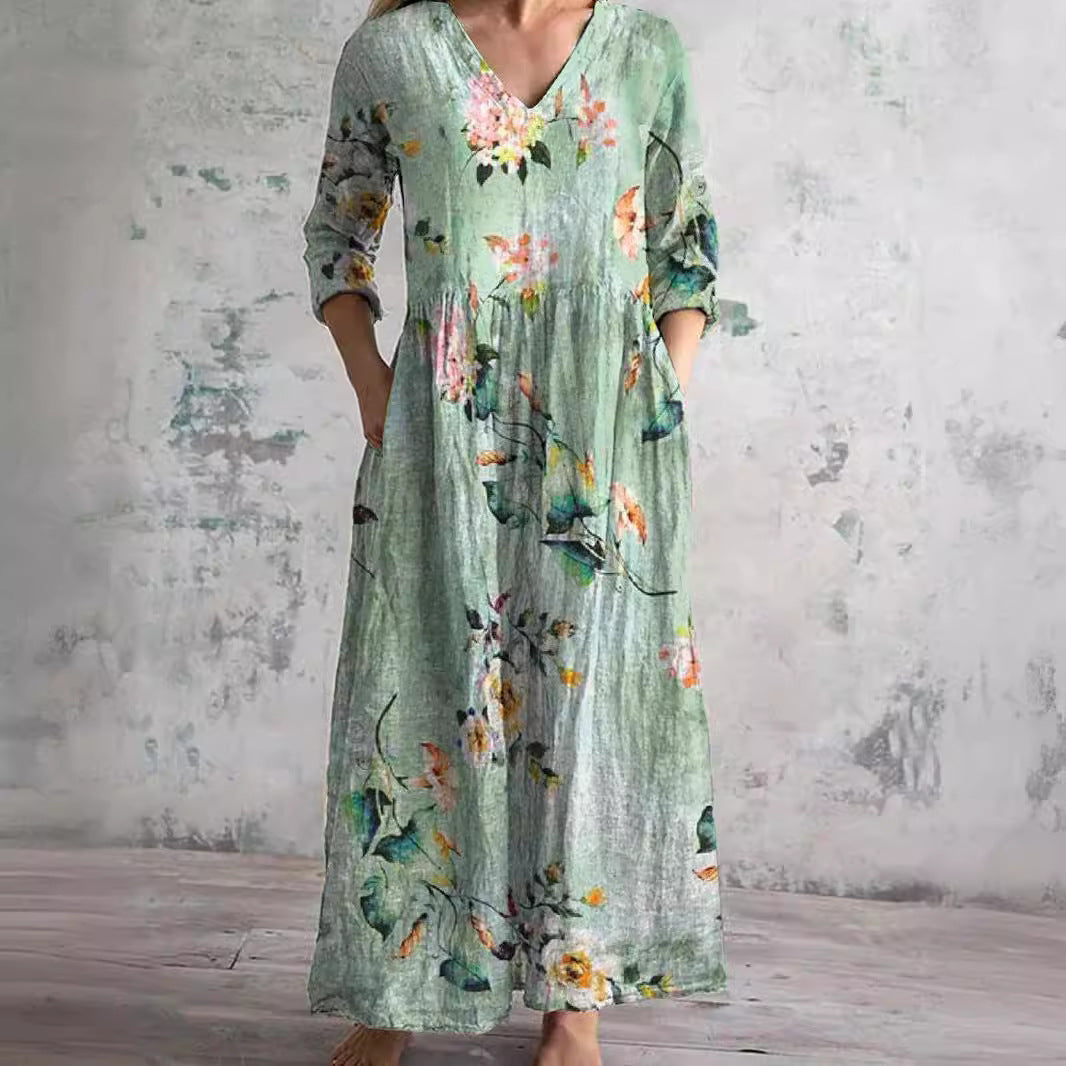 Women's Floral Print V-Neck Maxi Dress Long Sleeve