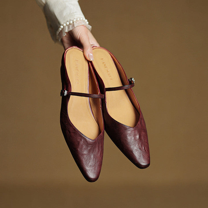 Women's Genuine Leather Pointed Toe Mule Flats Buckle Strap