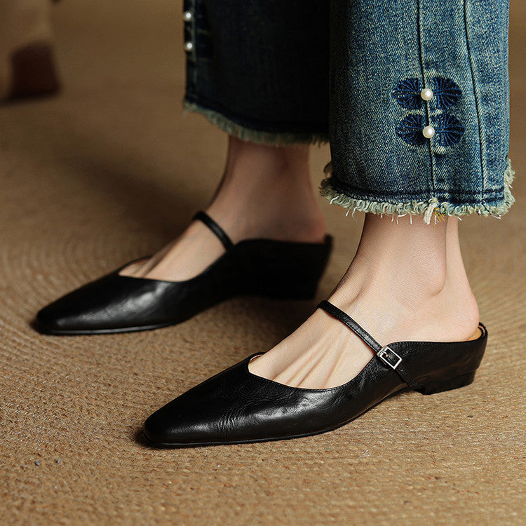 Women's Genuine Leather Pointed Toe Mule Flats Buckle Strap
