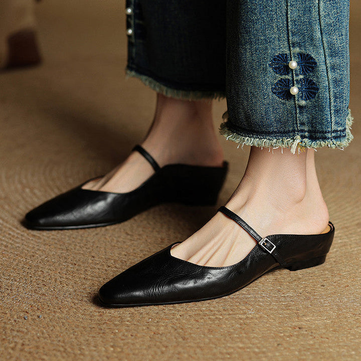 Women's Genuine Leather Pointed Toe Mule Flats Buckle Strap