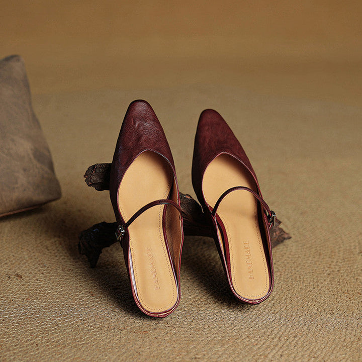 Women's Genuine Leather Pointed Toe Mule Flats Buckle Strap