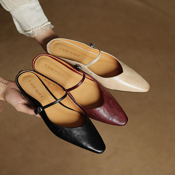 Women's Genuine Leather Pointed Toe Mule Flats Buckle Strap