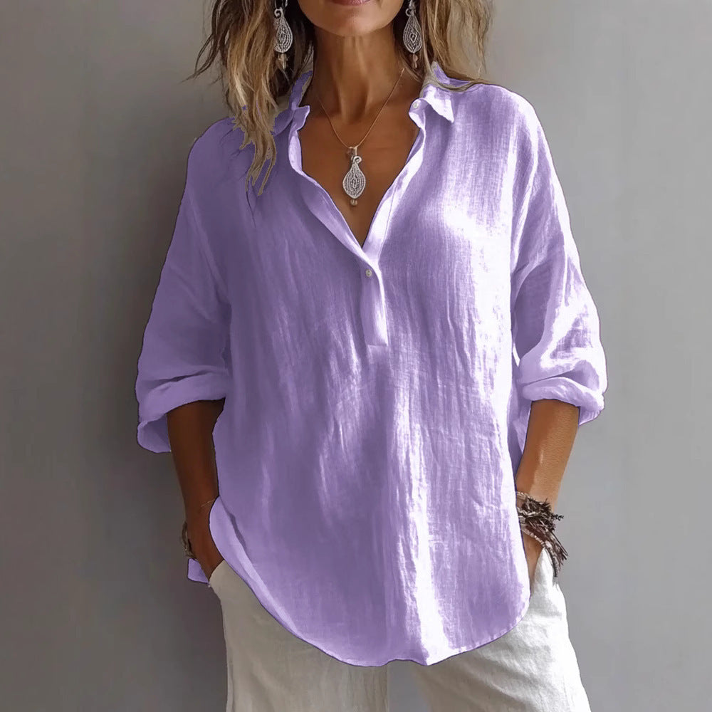 Women’s Casual Linen Shirt with Button Placket and Wide Sleeves