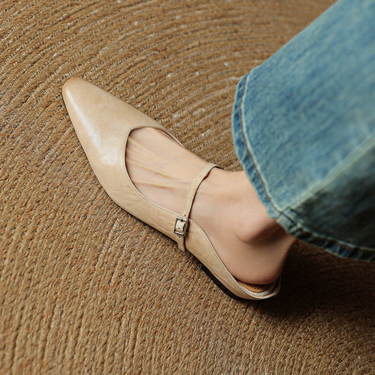Women's Genuine Leather Pointed Toe Mule Flats Buckle Strap