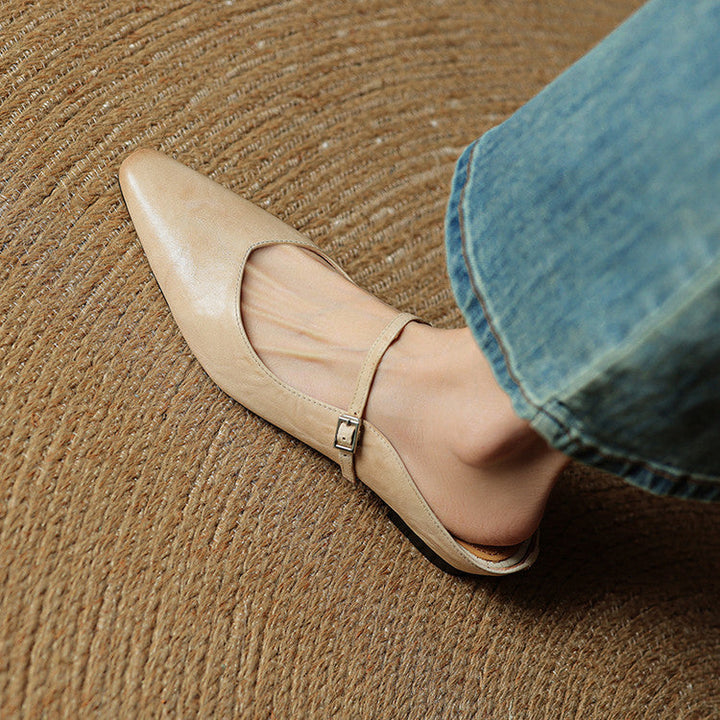 Women's Genuine Leather Pointed Toe Mule Flats Buckle Strap