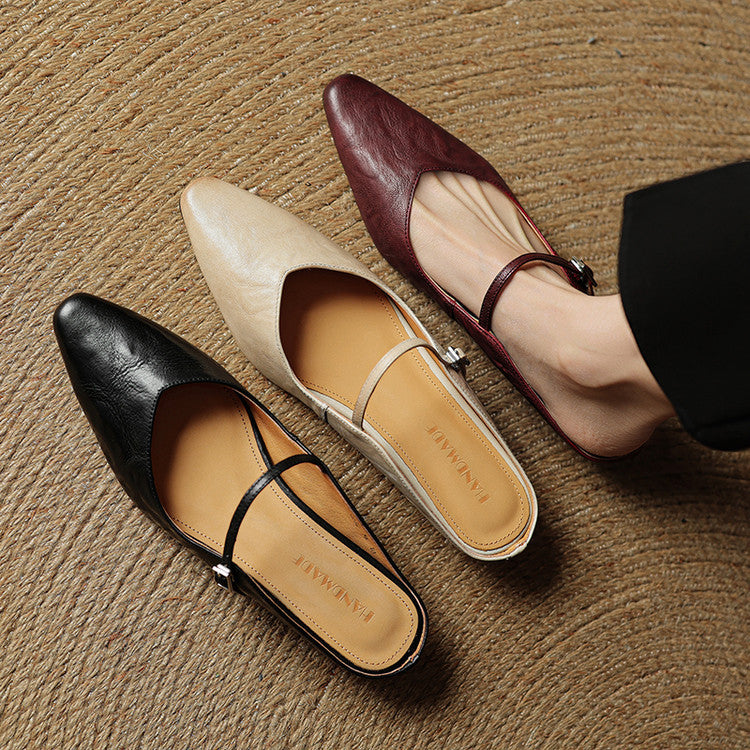 Women's Genuine Leather Pointed Toe Mule Flats Buckle Strap