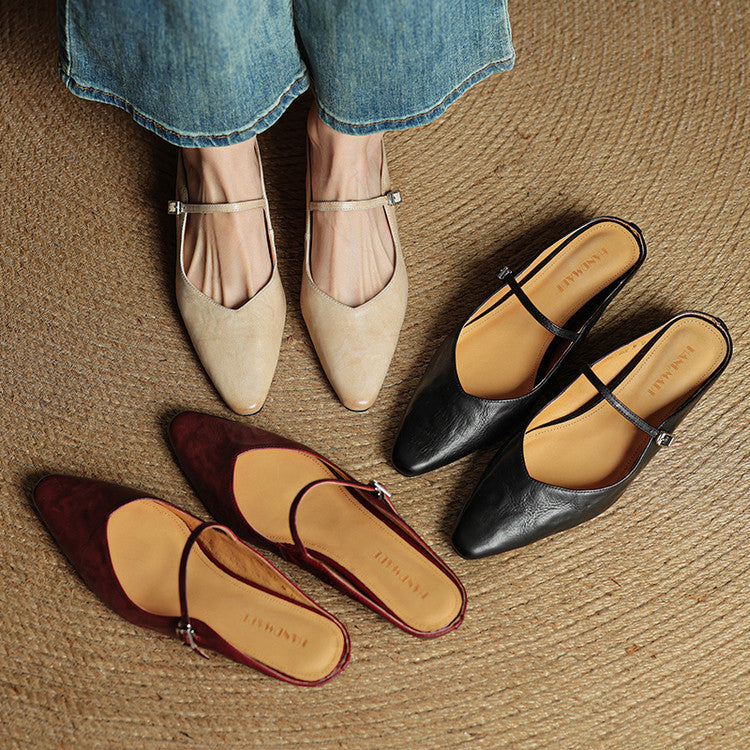Women's Genuine Leather Pointed Toe Mule Flats Buckle Strap